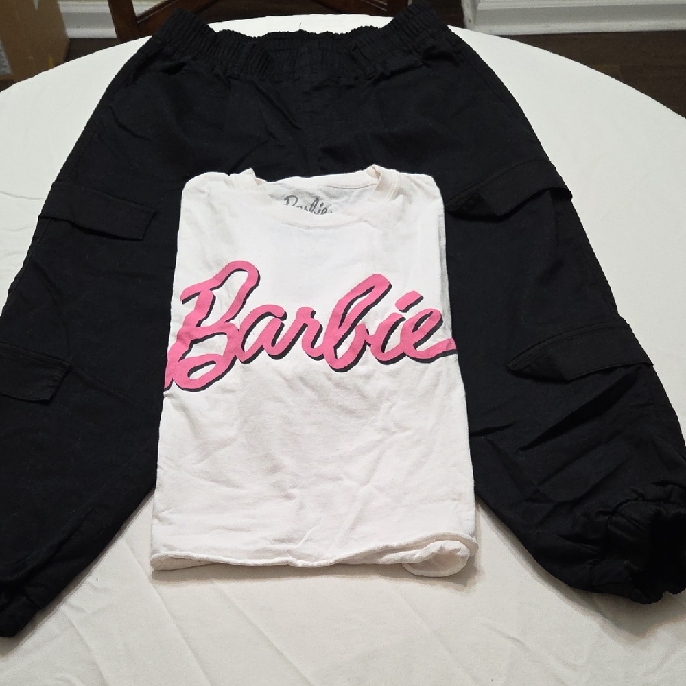 Barbie Tee with Pink Logo on White With Black Capris